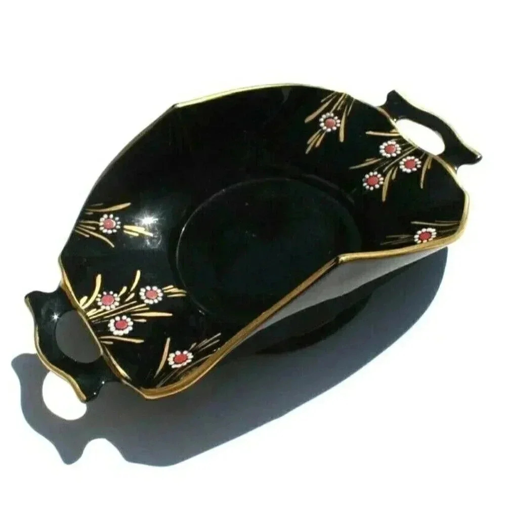 Vintage MCM Porcelain BLACK & GOLD Flower Trinket Tray Candy Dish Curved Corners